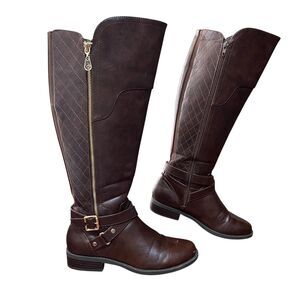 GBG Guess Boots Women's 7.5 Brown Knee High Riding Equestrian Wide Calf Buckle